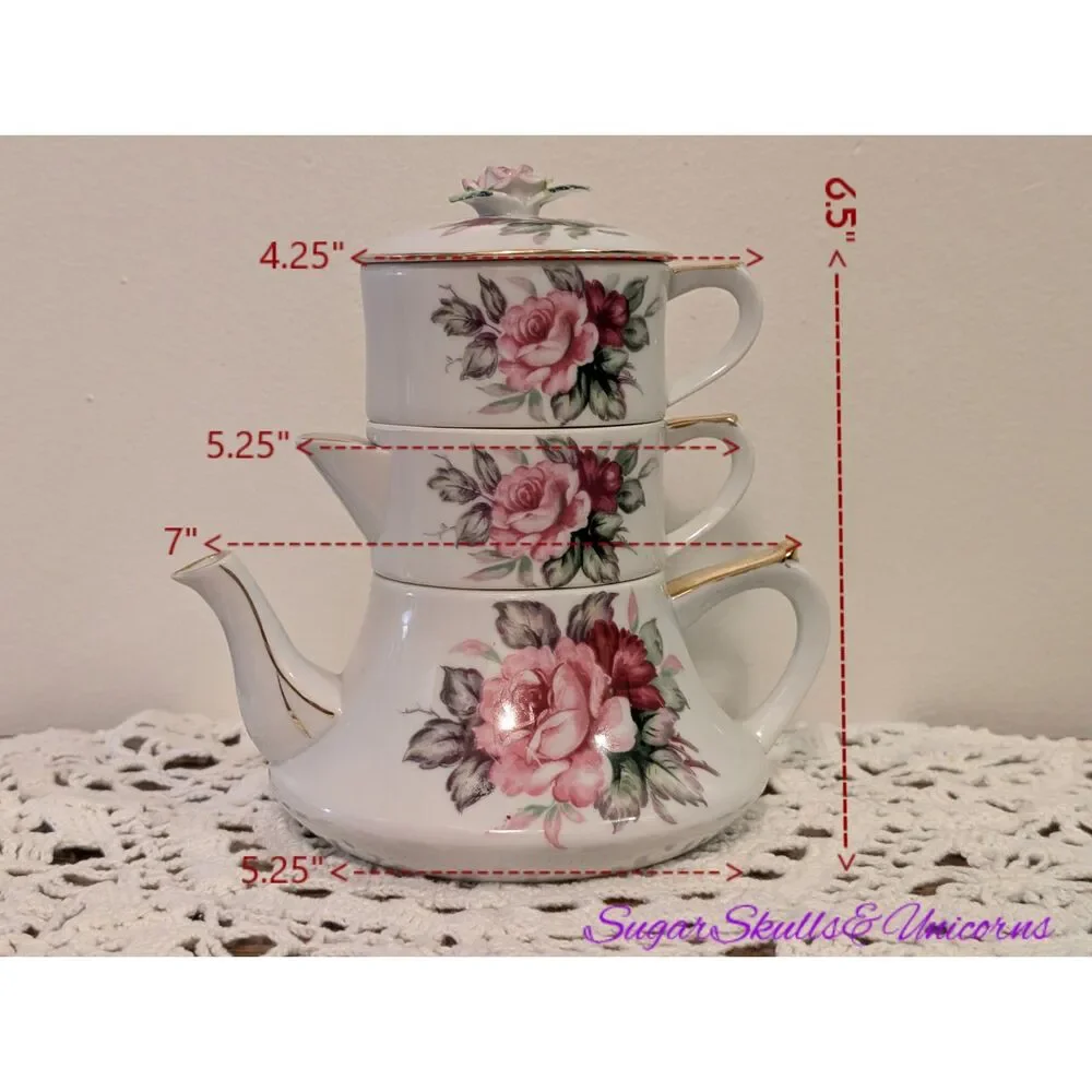 Vintage Lefton Hand-Painted Stacking Tea Set – with Original Foil Label